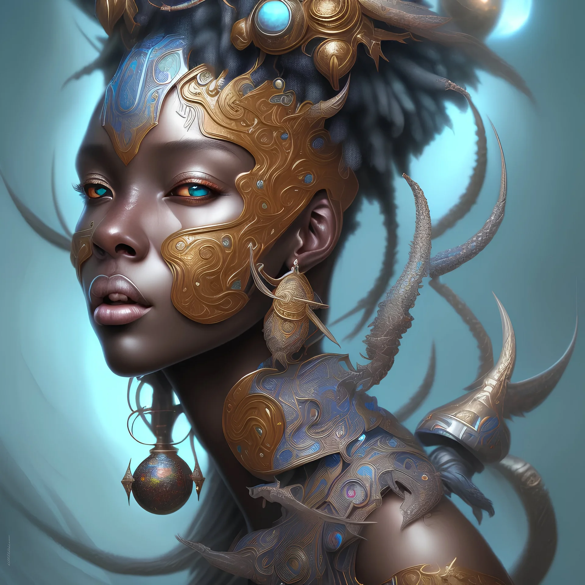 sango fantasy, fantasy magic, intricate, sharp focus, illustration, highly detailed, digital painting, concept art, matte, masterpiece head sexy view black African beauty black afro hair space lady turquoise carp skin African space landslide