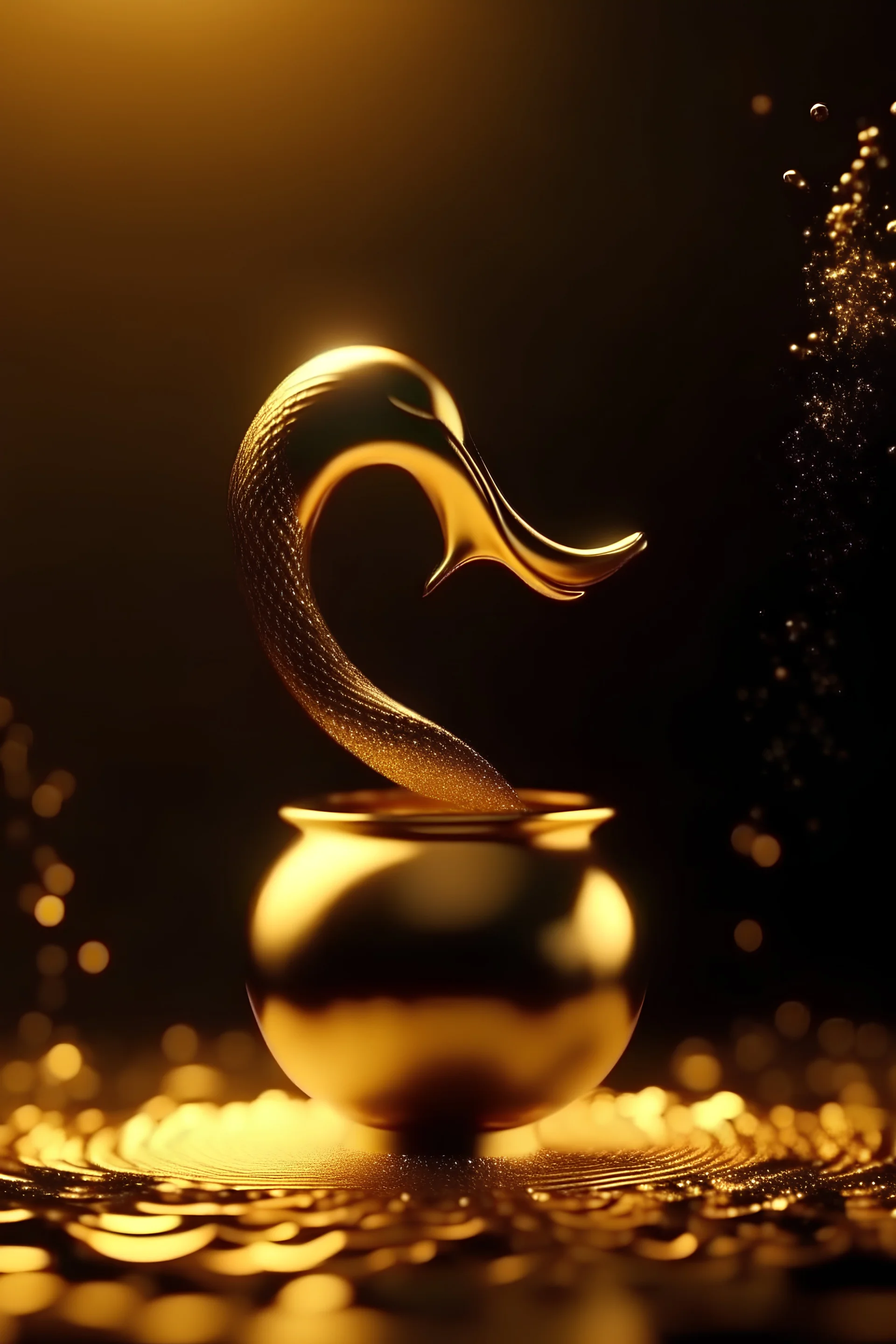 Animation golden Aquarius zodiac sign with water flowing out from pot Rotating in golden background space, semi realistic, shallow depth of field --are 2:3-