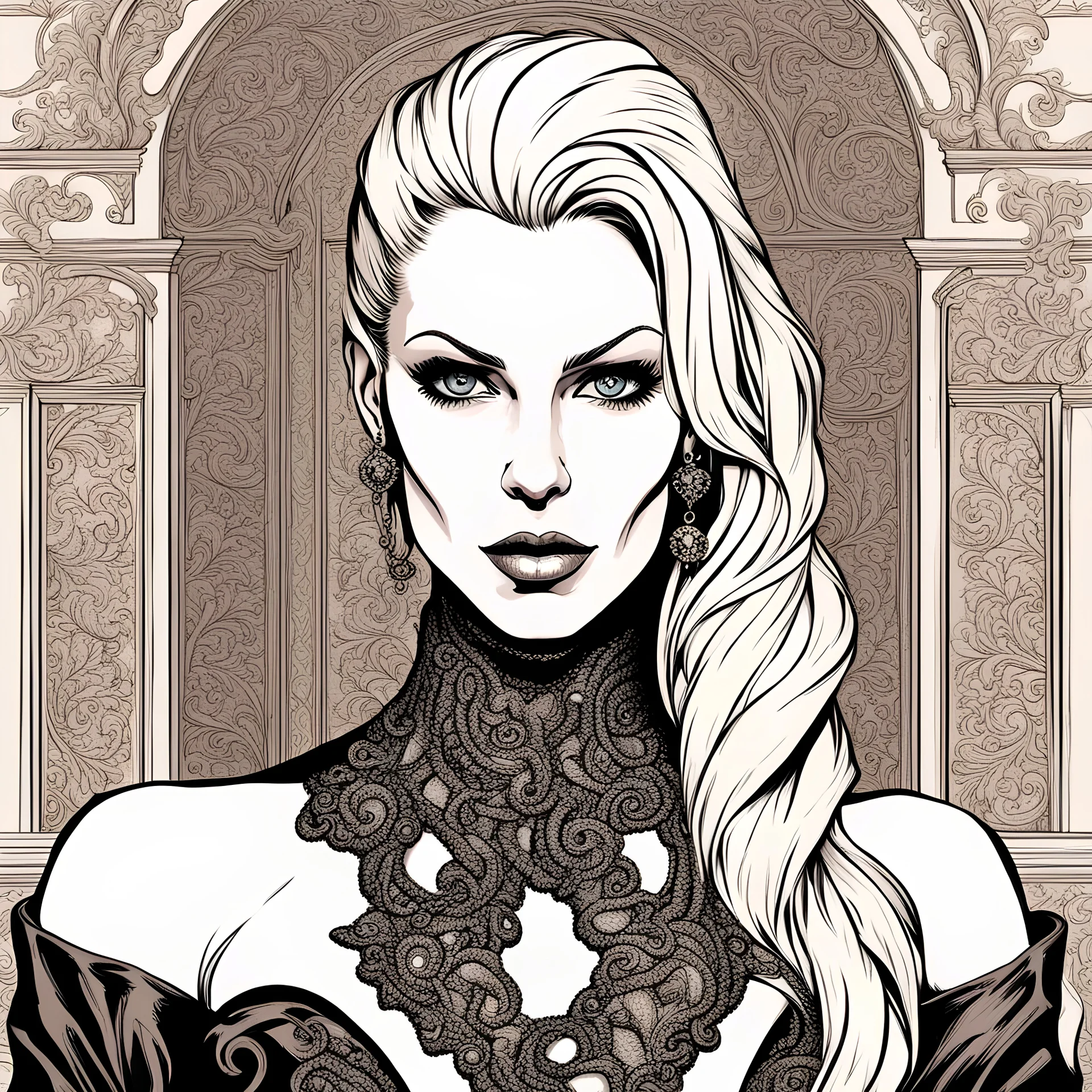 Art by Chris Cocozza, 40 years old beautiful, blonde countess with piercing gaze. She is elegant, pretty, but strict, cruel mistress, ruling her servants with iron fist