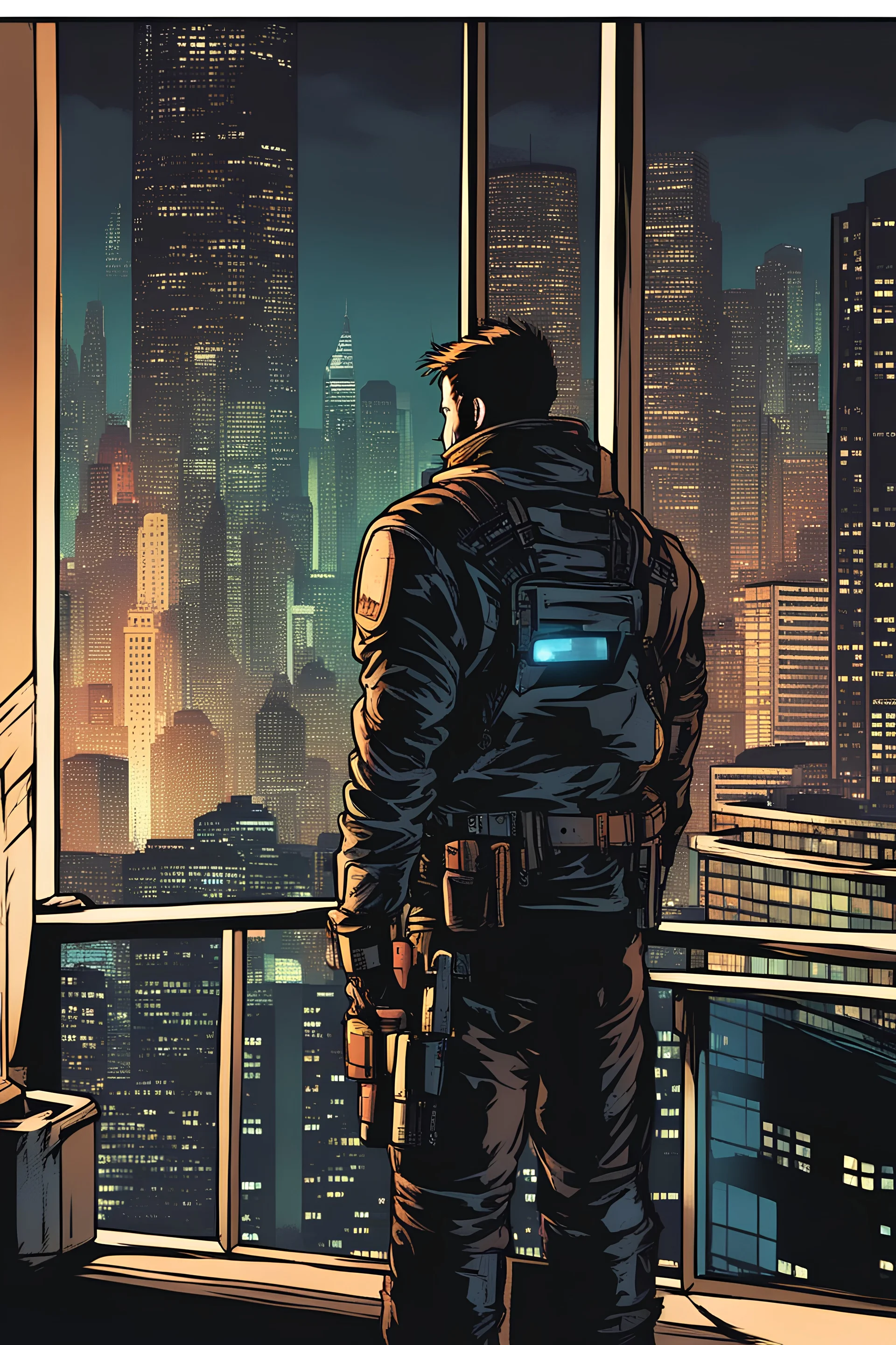 man, cyberpunk, looking out a window at the city, comic book art style, geek, engineer,