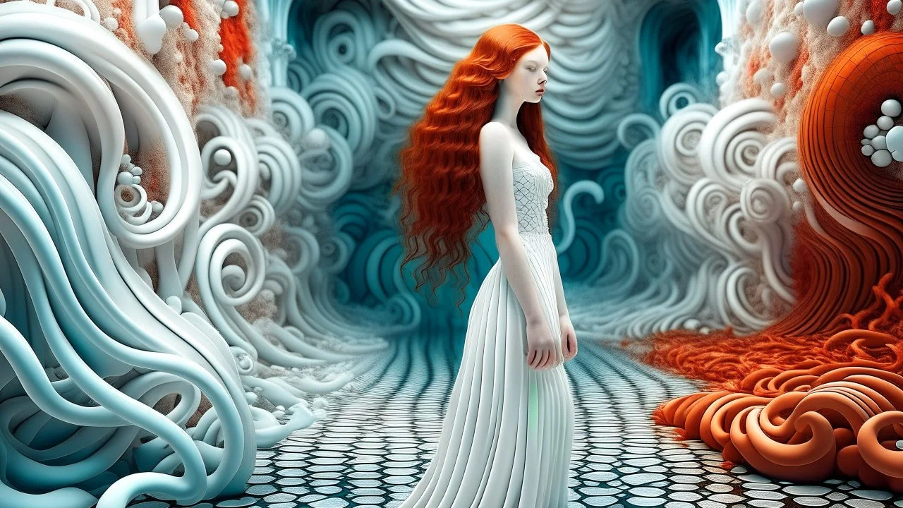 A young woman with long, flowing red hair wearing a white dress stands in a surreal, dreamlike environment with spiral shell-like shapes floating in the background