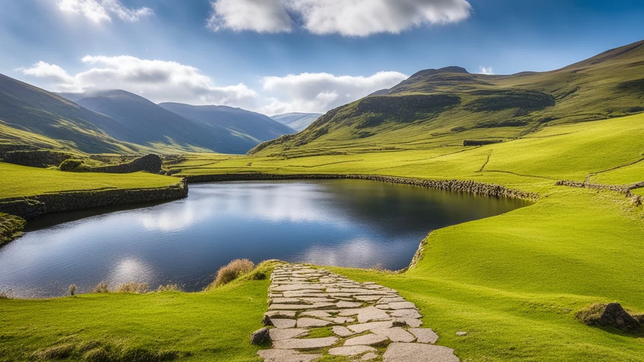 View in the English Lake District with beautiful sky, late afternoon spring sunshine, stone walls enclosing the fields, mountains and U-shaped valleys, large deep lake, calm, peaceful, tranquil, rule of thirds, beautiful composition, exquisite detail