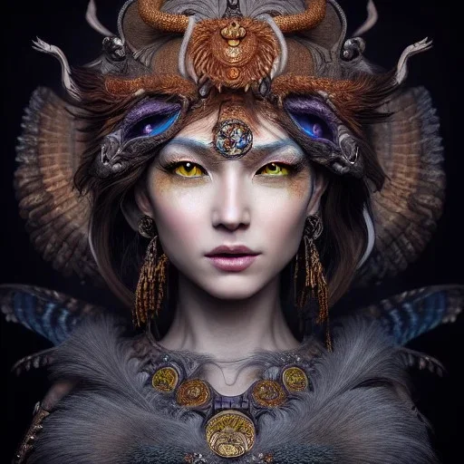 Insanely detailed photograph of an elaborate beautiful hawk goddess intricate glowing skin eyes intricate face hair lashes fur dress hyperdetailed painting by Anna Dittmann Huang Guangjian and Dan Witz CGSociety ZBrush Central fantasy art album cover art 4K 64 megapixels 8K resolution HDR Greek shiny space colours jewelry celestial hair eyes light"