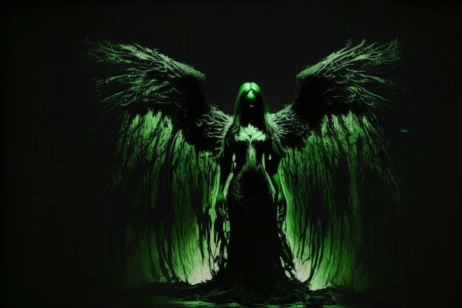 angel negro y verde parado en la oscuridad de la noche