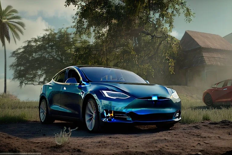 A Tesla 'Model Y' is parked, on the 'Jurassic Park' island. (CINEMATIC, WIDE ANGLE LENS, PHOTO REAL)