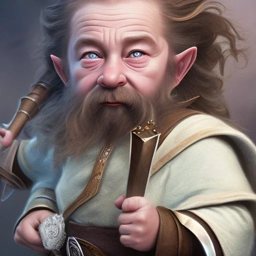 A beautiful dwarf baby, full HD, 4K, 8K, very real and with fine and detailed details, realistic and really alive, taken from the movie Lord of the Rings, oil paint