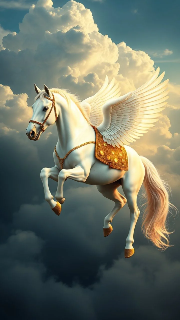 A very beautiful all shiny white milky horse with wings and golden crystals Horse saddle. on his back flying in the cloudy sky above the plant earth , Bosch nightmares style painting, 4k, very hood quality picture