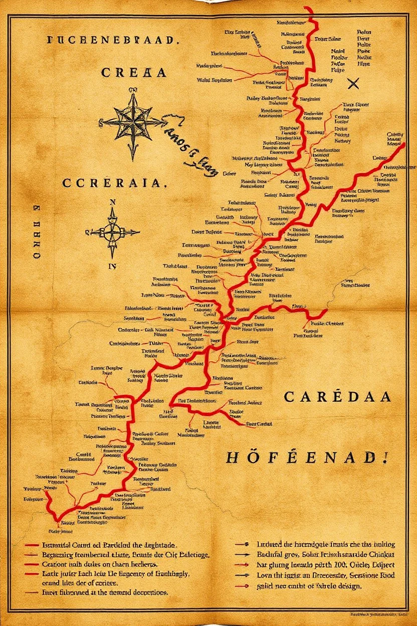 a scan of an ancient Cree Anishinaabe road map, hand drawn been stained and weathered, text is in Cree Syllabic