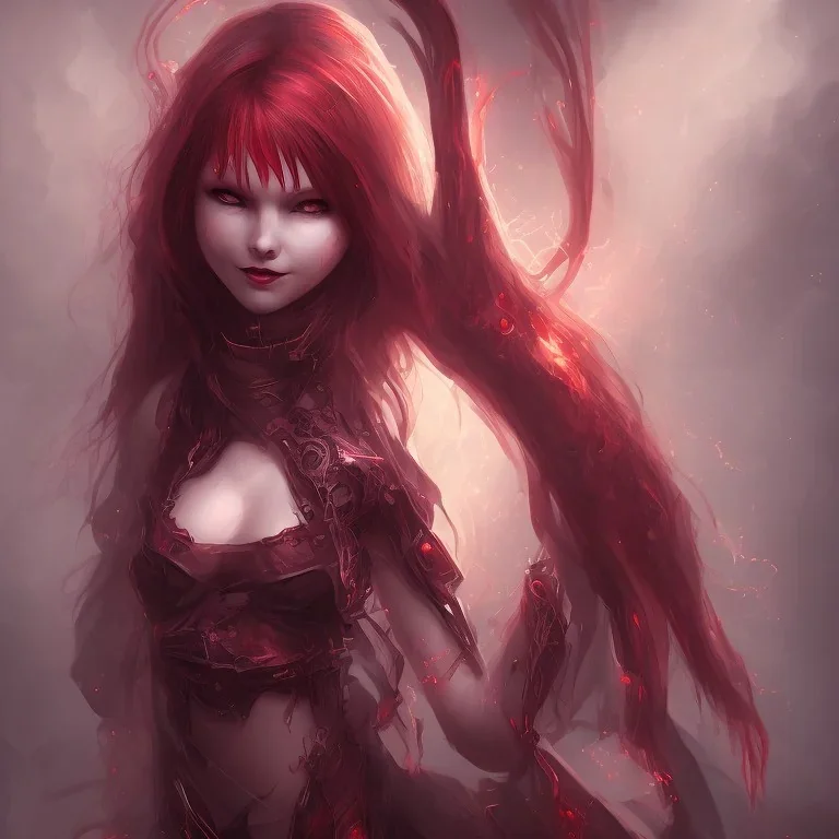 evil satanic girl, full body, smiling, crimson flaming hair, glowing veins, bloody dark cave background,