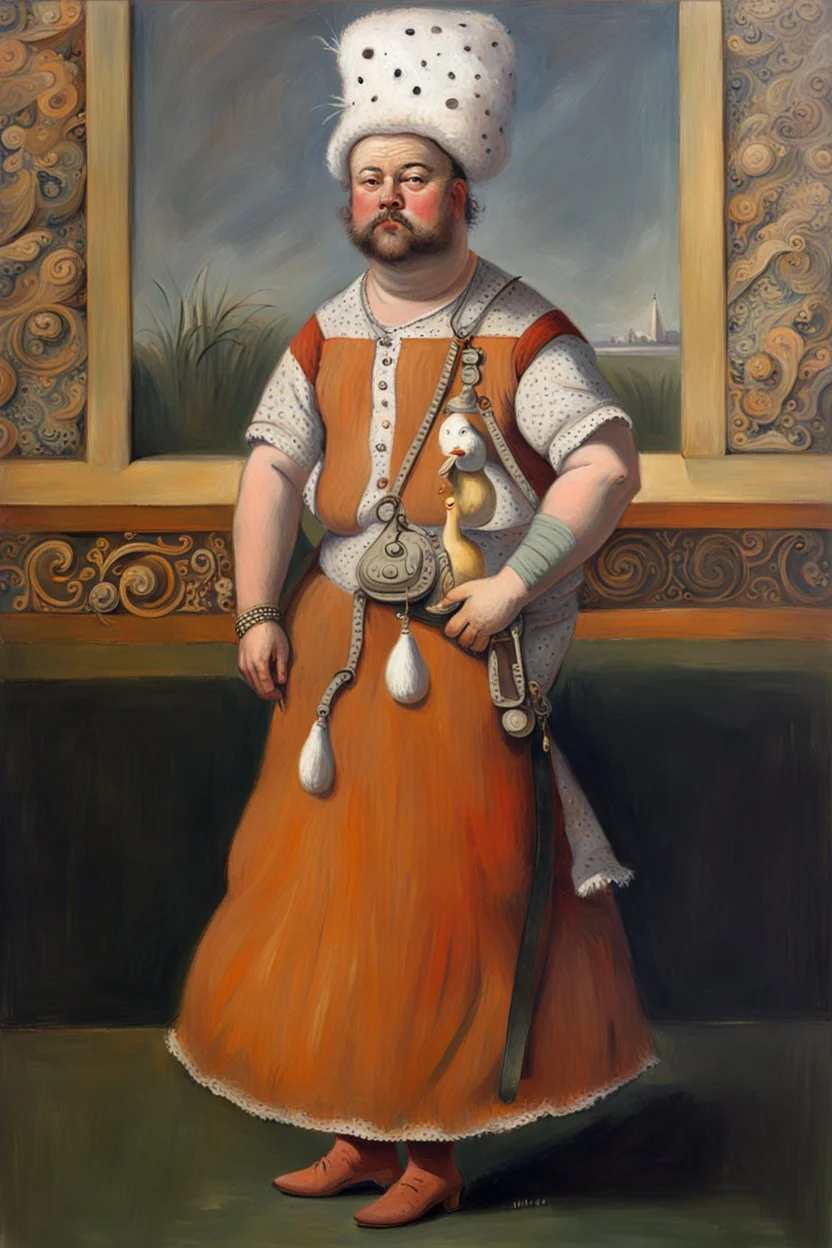 fat Hairy man with duck hat.19th painting