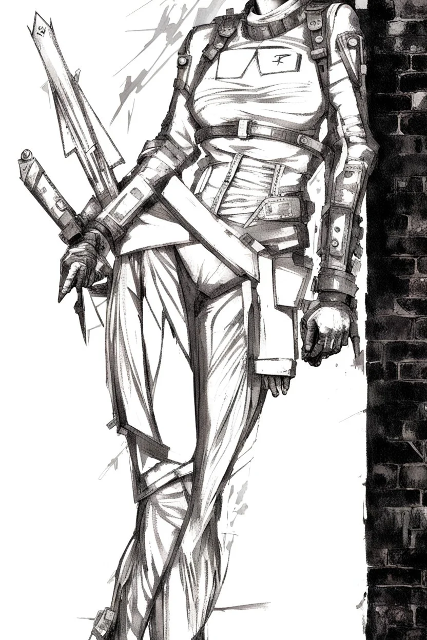 teen woman in retro-futurist cyberpunk costuming with pants and sheathed swords leaning to the side with shoulder against a brick pillar, background is brick with graffiti of a large arrow pointing to the right and text of the word "PUB" on lower left