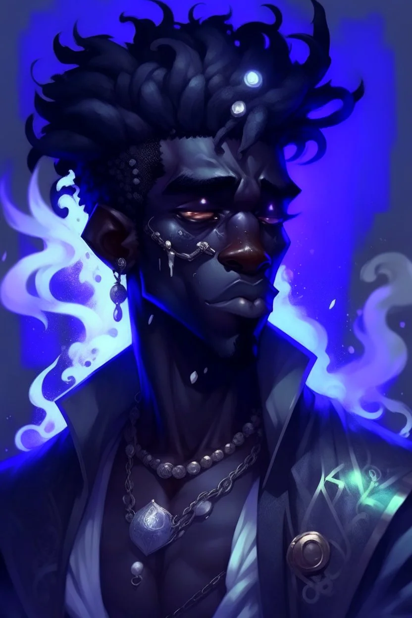 Male Air genasi fra d&d with black skin smoke some hair an Asian skin ghostly appearance with a Smokey undertone mork