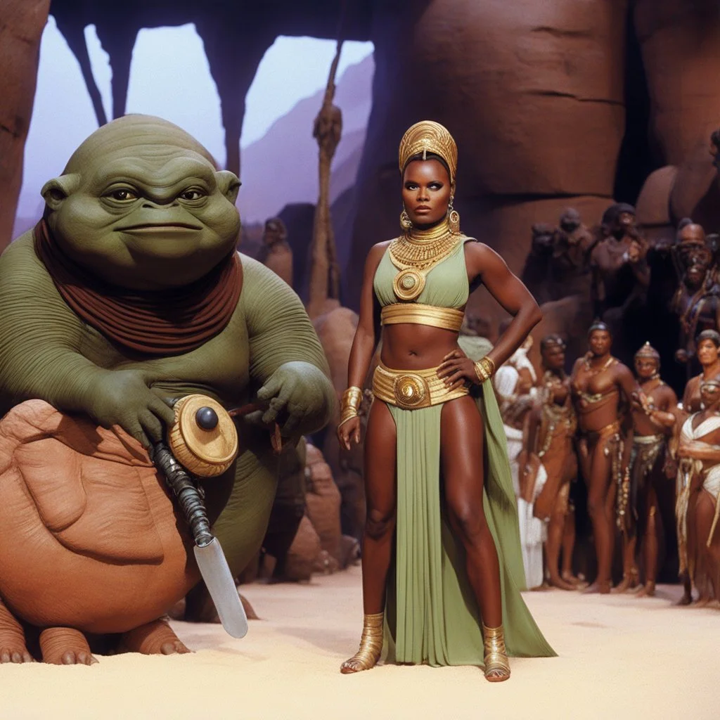 [1960’s stop-motion animation style of Reina guerras de las galaxias] grace jones, in princess Leia's slave costume, close to Jabba the Hutt.