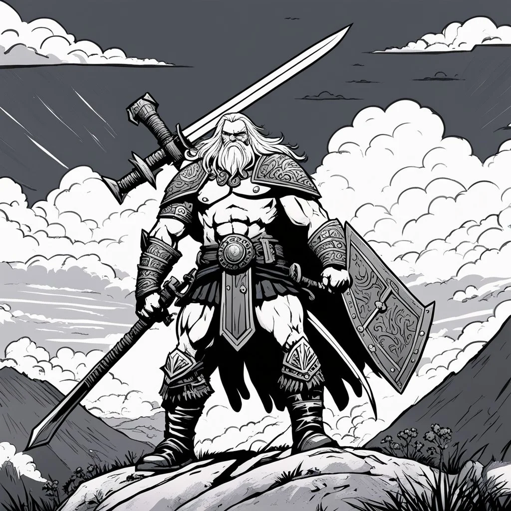 Head Lopper style by Andrew MacLean: duel on the hill, under the storm, with massive weapons