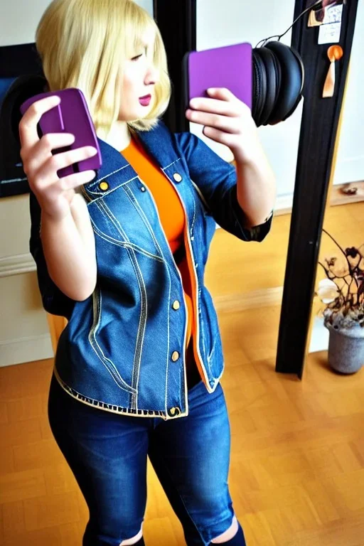 blonde taking selfie.thick thighs,thick calves,flat belly,curvy fell. NOVEL kind of bolero, which is sewed of recycled sliced Denim, which condescends with integrated bag[SIC]. It is sewed together of camouflage pieces, whose color are all denim colors, orange, cream, brown and purple. Big colored headphones (gold rings!) is merged with small felt cap with small visor. It is with big bright purple felt tippet and birght-colored-hood is merged with colorful beanie. Style: 1980's Finland