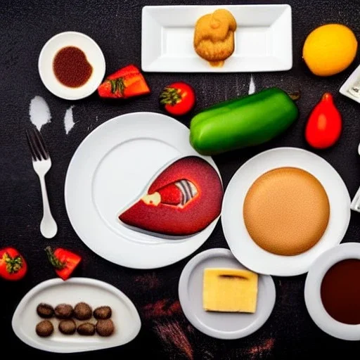 Plate full of fake food with old stuff around in a dark room