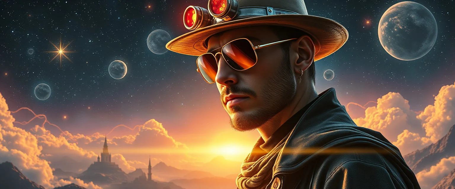 portrait of inter-galatic handsome power broker spy, the first nation, witchcraft, cyberpunk village, sci-fi, strange chrome vessels, volume light from stars through clouds, goa trance poster