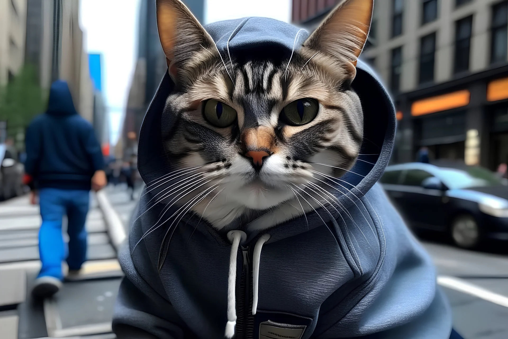 Cat in hoodie in new york