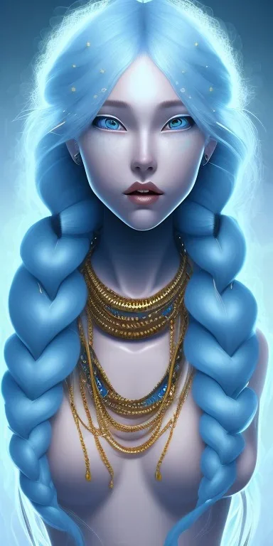 human kingfisher girl with blue hair and orange strand of hair wearing a blue winter coat and a gold necklace