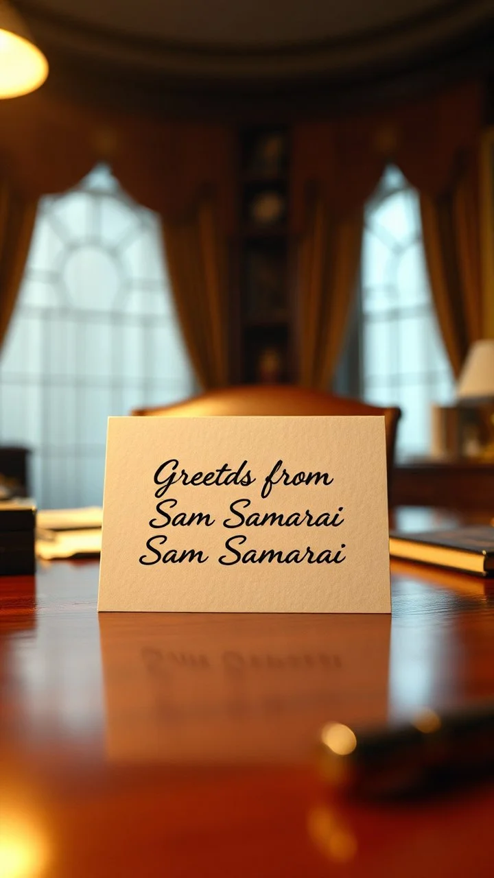a highly detailed, surreal, and 3 inches in size, written on it “ Greetings from Sam Samarrai” placed centrally on a clutter-free, mahogany office desk, surrounded by subtle, warm, golden lighting, evoking a sense of mystery and intrigue, with a shallow depth of field, emphasizing the card's subtle texture and clean edges, featuring a subtle film grain, reminiscent of 35mm cinematography, with a color palette dominated by whites, creams, and rich wood tones, and a
