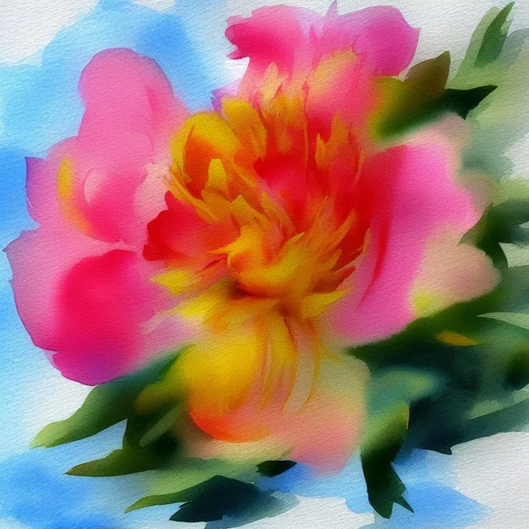 watercolor of a peony, warm colors, water color streaks and splashes, minimalist, in the style of turner, white space