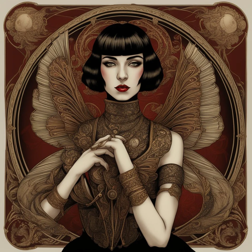 Full Body, Art Nouveau Woman With A Bob With A Fringe Hairstyle, Cleopatra Clothing, Steampunk Metal moth with red wings, Black Background