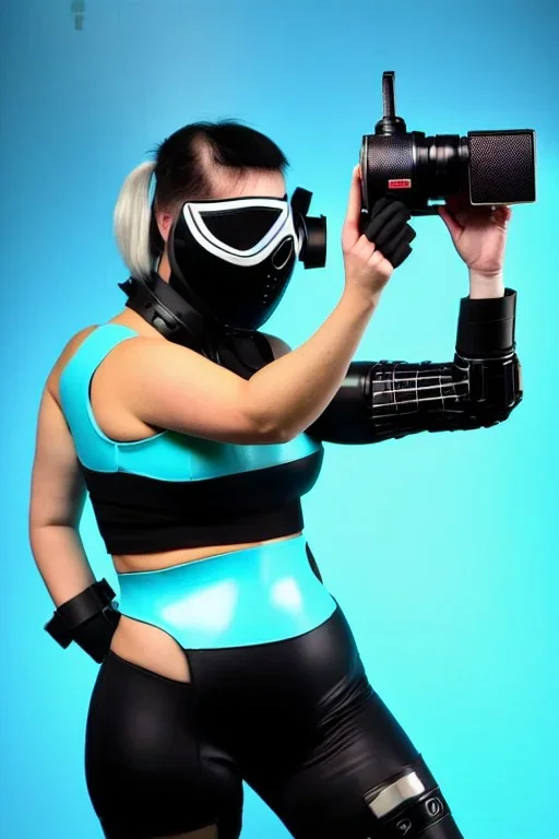 MetCyber-punk style camera-mask. Large fencing mask covers cheeks. Trim girls. Reflective plastic body surface. Camera lenses as eyes. Head full of integrated old-fashioned cameras. Golden to cyan surfaces body. Perfect body, thick thighs and calves. Selfies, old-fashioned cameras, both hands. Wide hip. Partly symmetrical. Camera lenses cover the most of the body. Euclidean 3D-tiling, Escher. Mathematically impossible. Soviet Propaganda style.