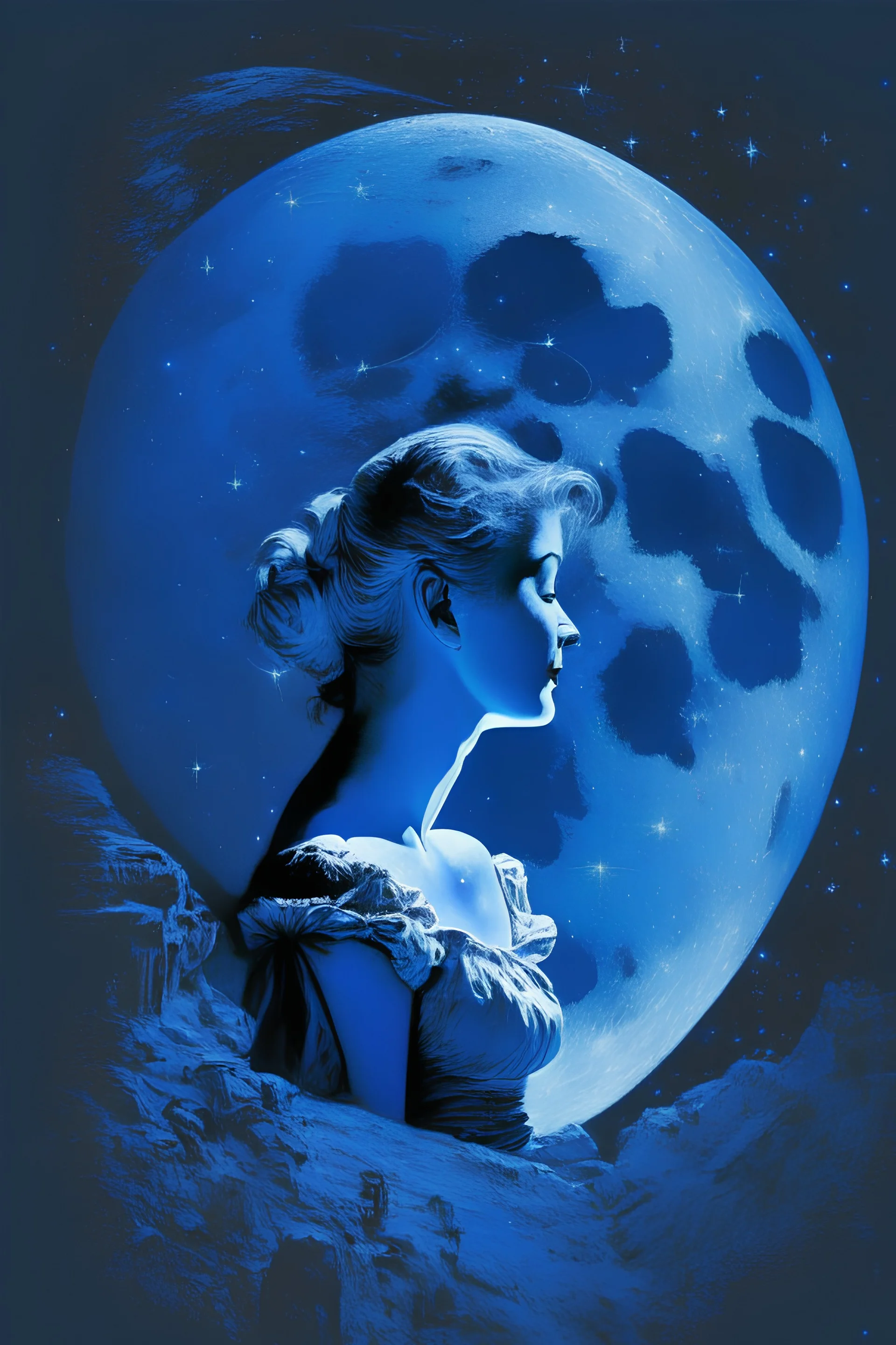 Diana on Moon with stars blue
