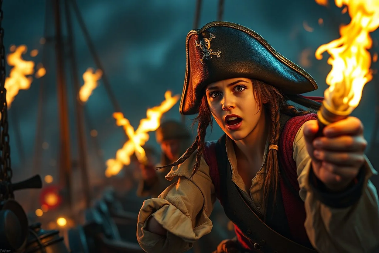 master oil painting, bad ass girl teen age nerd swashbuckler pirates fighting with torches and cannons in the night screaming like crazy as the enemy is boarding, in the style of Fallout 4 , bokeh like f/0.8, tilt-shift lens 8k, high detail, smooth render, down-light, unreal engine, prize winning