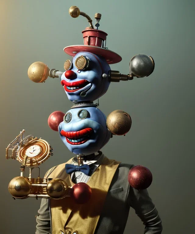 smiling mechanoid clown playing jazz with a steampunk theme, realistic