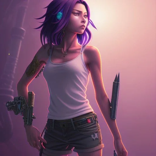 revy black lagoon, purple hair, black tank top, jean shorts, tribal sleeve left arm, portrait shinkai makoto, studio ghibli, studio key, madhouse anime studio, artgerm, lau rossdraws james jean marc simonetti pixiv