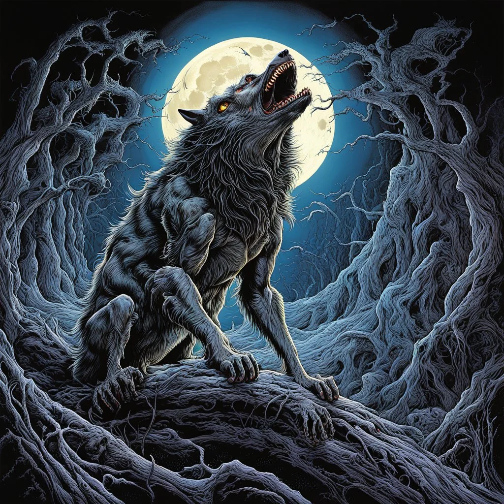 howling Werewolf under a full moon, horror art, by Ian Miller, by Michael Whelan, by Dan Seagrave, expansive, uber detailed, rich deep colors, volumetric lighting, HD, surreal horror, concept art, Whelan's bold visceral style and detailed line work, dramatic, scary, emotionally distressing, uv reactive blacklight effects.