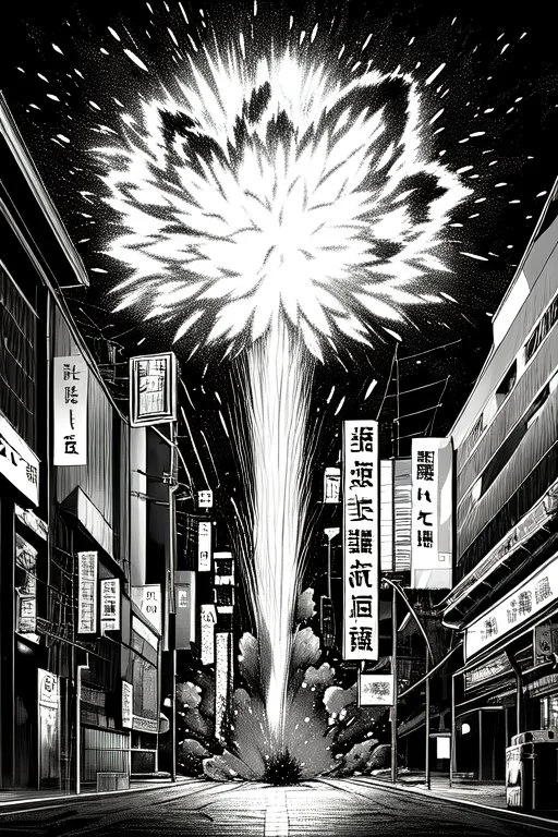 explosion on the streets of Tokyo, greyscale