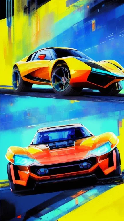 futuristic supercar, hand draw urbansketch art style inspired by Marta Vilarinho de Freitas, flat, vector illustration, urban sketch cyberpunk 2099 blade runner 2049 neon neo-impressionism expressionist style oil painting, smooth post-impressionist impasto acrylic painting, thick layers of colourful textured paint futuristic futurism noir