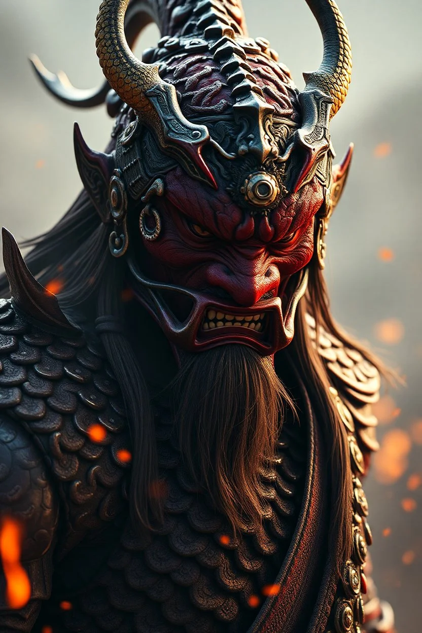 genghis khan ,bold ,red skin, scales, unreal engine 6, high detail, intricate, cinematic. photoshoot style, intricate, studio lighting, masterpiece , highly detailed, 8k, best quality, fire, smoke, dramatic,d,<lora:mshn:0.7>,<lyco:Warrior_Couture:0.5>,