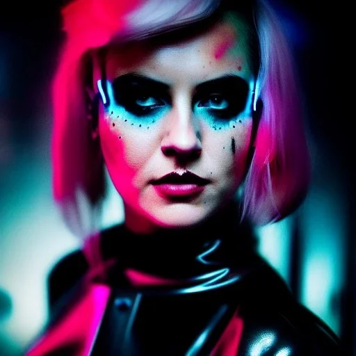 portrait oil on canvas, beautiful punk busty female Cyborg, intense stare, sad glowing eyes, post-apocalyptic in a cyberpunk city,minimal skintight latex dress, bladerunner movie poster, realistic, intriacte detail, sci-fi fantasy style, masterpiece, volumetric lighting, particles, highly detailed ,cinamatic , deep colours,8k, in the style of Kaare Andrews