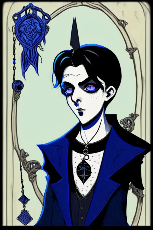 black haired blue eyed young man necromancer with gothic jewelry in the style of charles addams