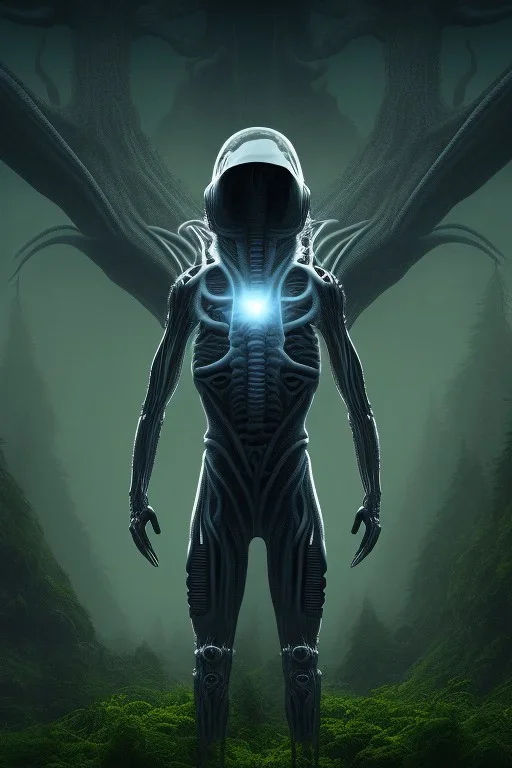 running alien portrait , black jogging suite , in the night Alps , holding leaves and coins , angels background, volumetric light, high detail, dark leaf tree, dark mountains in background, perfect, HR Giger style