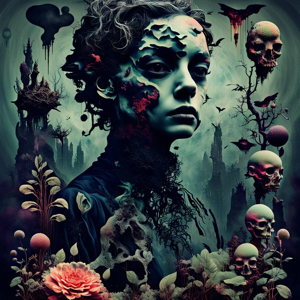 digital collage of various images and elements, such as animals faces, shadows, planets, fog, abstract symbols, mist, plants, maps, weird things, poison. The collage is composed of distorted and glitched shapes and layers, creating a sense of confusion and horror. Deep, dark colors, surreal mood, The images and elements are related to the themes of surrealism, paranoia, thriller and conspiracy, nightmare.