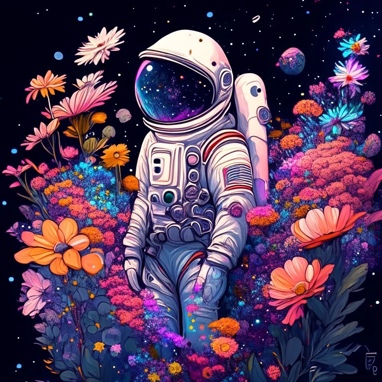 "floral astronaut" hand-drawn digital art, flowers everywhere, colorful garden, beautiful galaxy, REALISTIC, anime, 4k, high resolution, full details, 2560x1600