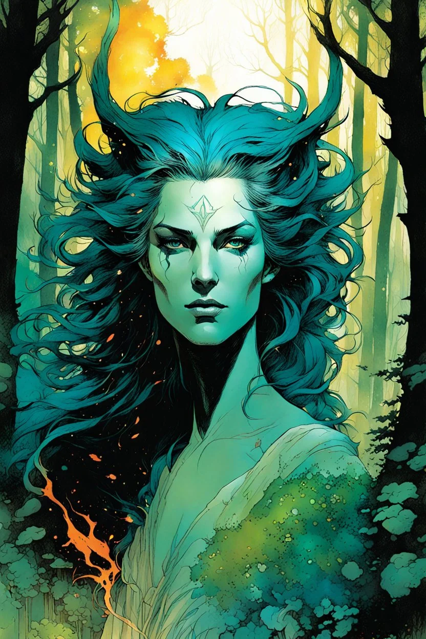 create a wildly conceptual closeup full body print illustration of a feral female mage with highly detailed hair and feminine facial features, in an ethereal, otherworldly ,ancient summer forest , in the comic book art style of Bill Sienkiewicz, Mike Mignola, Sparth, and Jean Giraud Moebius, finely drawn, colored, and inked, suffused with dramatic natural light and shadow of sunset