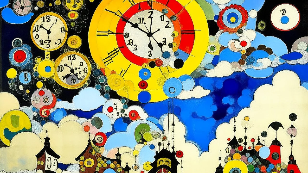 Clouds with clocks all over the place painted by Wassily Kandinsky