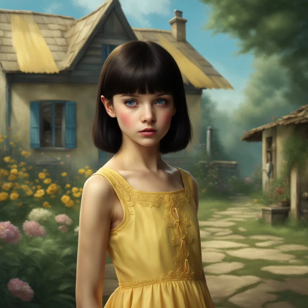 thin 12 year old girl with very short cropped dark hair, blue eyes, wearing a pretty yellow summer dress, outside a small house , photorealistic, dark fantasy