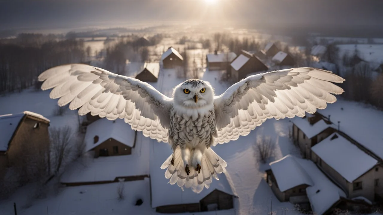 angel's view seen from one snowy owl's brown-gray feathered back as flies over a winter very small village, snowy landscape, little light, dramatic, sunrise, some small Hungarian old country houses from above, perspective, high detailed, sharp focuses, photorealistic