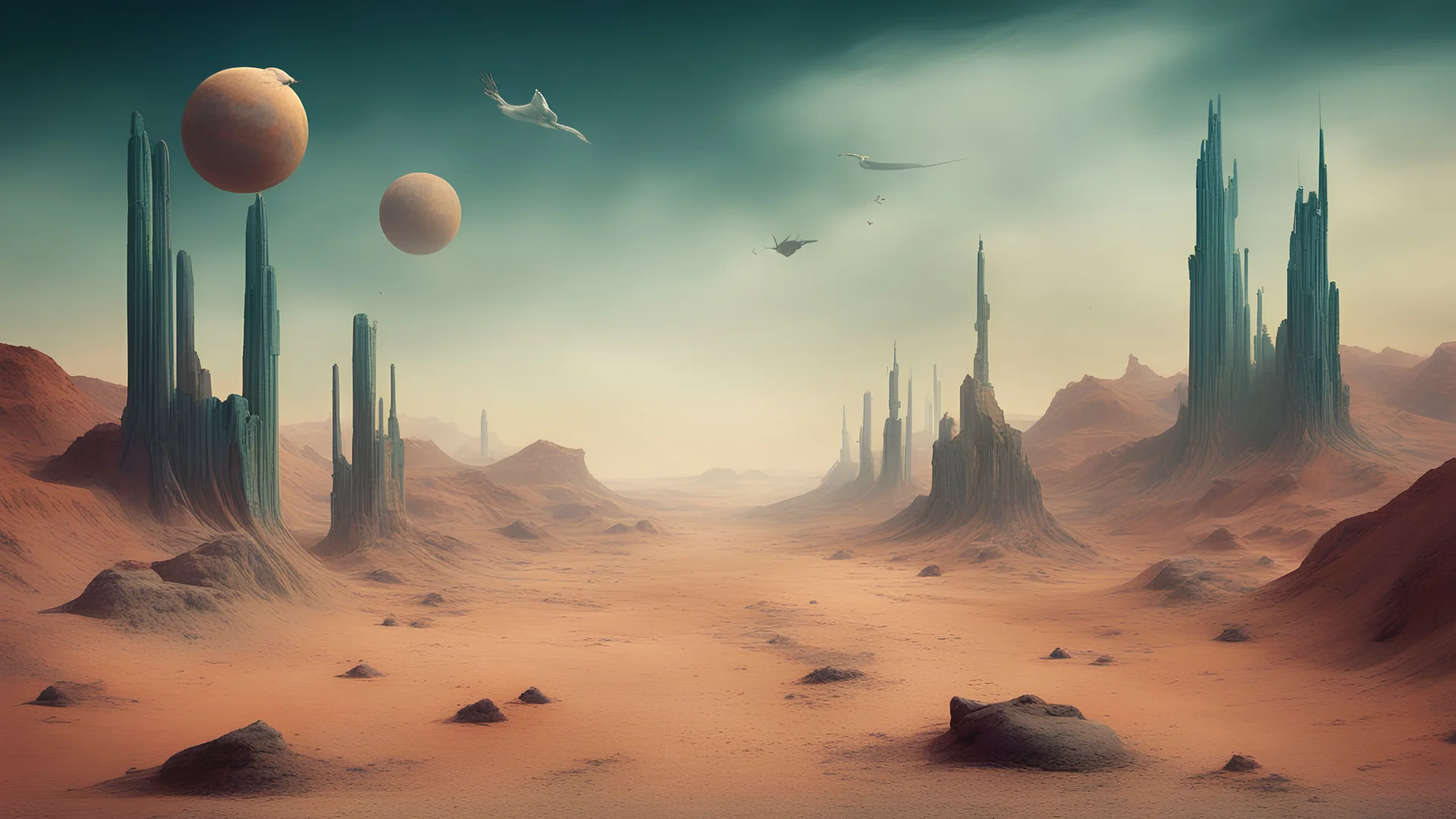 A Mirage In The Wastelands || surreal landscape, in the styles of Salvador Dali and Rene Magritte and Max Ernst, mixed media, imperial colors, cinematic, sharp focus, highest resolution