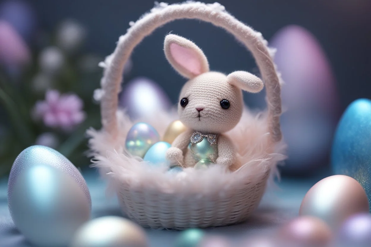 cute chibi plushy fluffy knitted and embroidered natural colored easter bunny in basket, feathers, easter eggs, iridescent flowers incorporated, light emitting, cracked bioluminescent holographic marble background, silver foil, sparkling diamonds, holographic raw pearls, ethereal, cinematic postprocessing