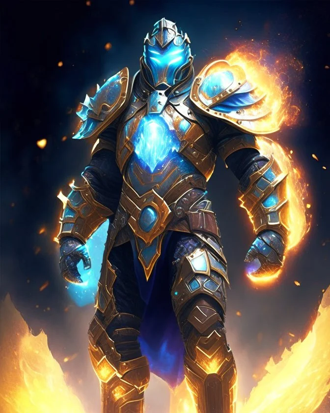 An armor made of a mixture of steel and leather, worn by a strong commander with magical power K's infinity gauntlet has six infinity stones While standing on a majestic height from afar A flaming-eyed commander with flaming light blue pupils stands atop a squire