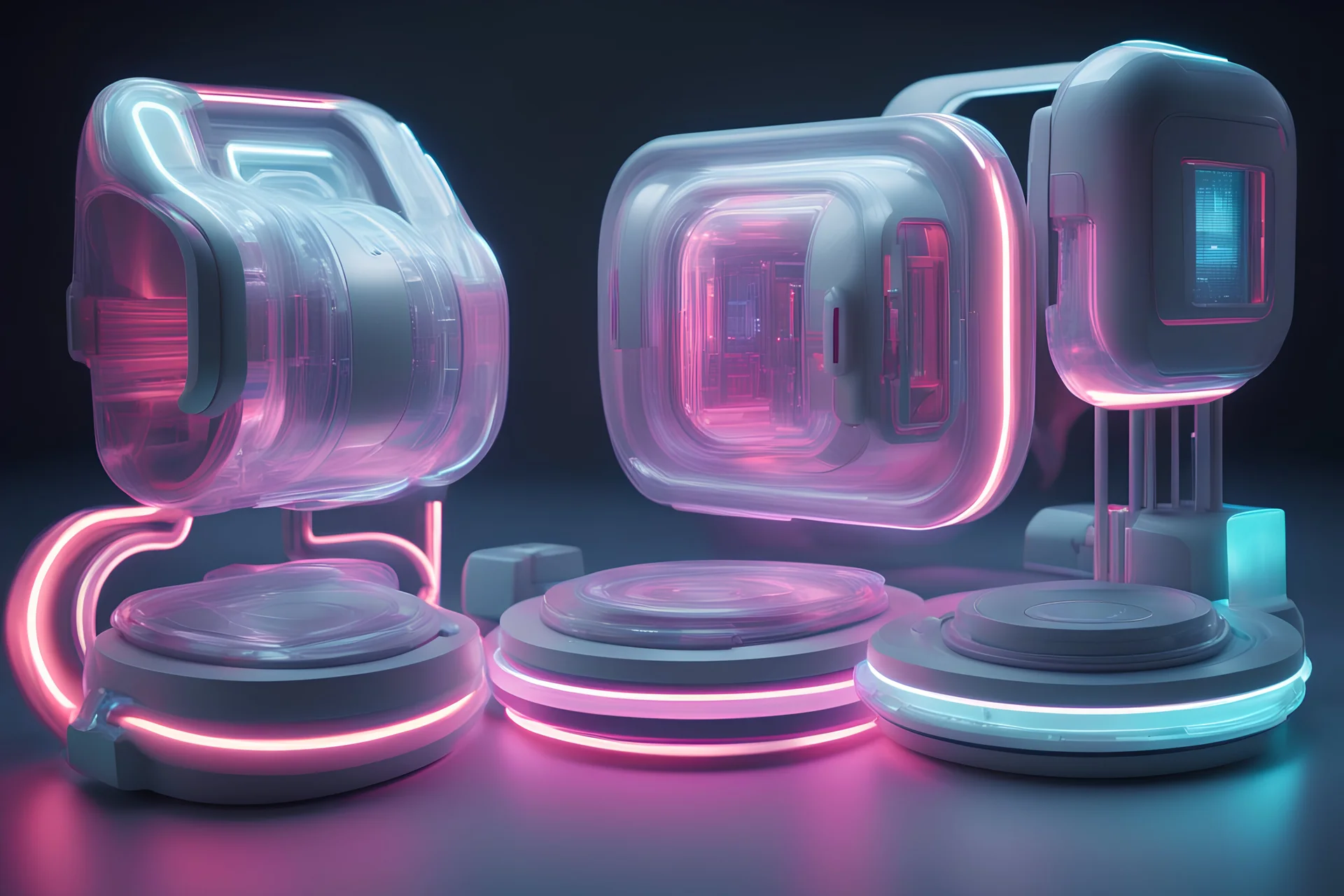 detail shot of 4 plastic devices: 3 grouped together one stands apart futuristic, hyperrealistic 16k, 3d rendering, expressively detailed, dynamic light, neon lighting,