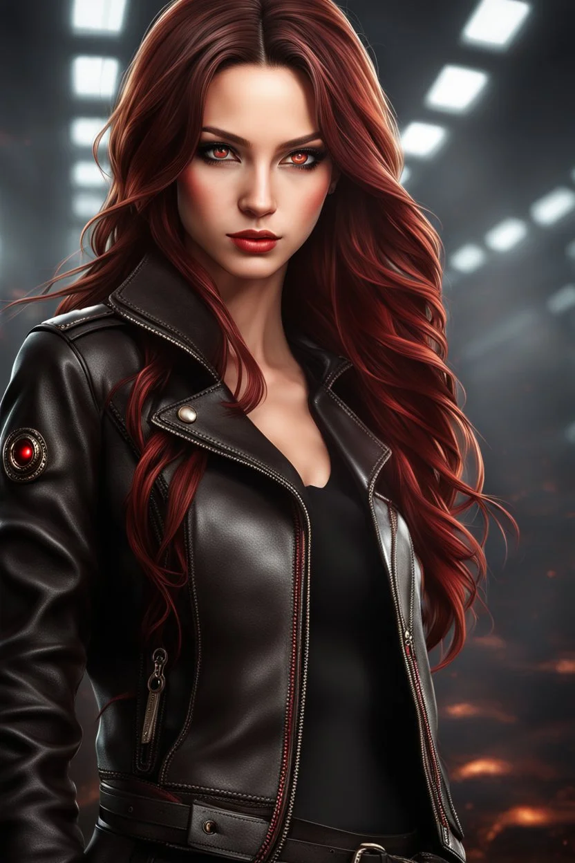 Young woman with long brown hair and red eyes, smirking, confident, a little evil looking, apocalyptic background, high quality, highly detailed, wearing black leather, 8k resolution, anime, digital art