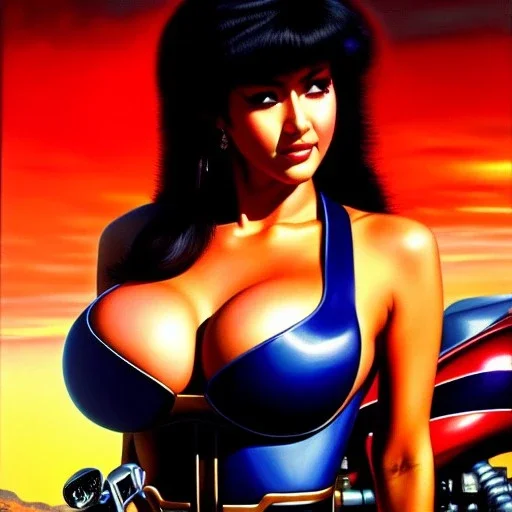 portrait of busty beautiful 'Female Rider on Shotaro Kaneda's Bike',painting by Earl Norem, simon Bisley, evan lee, 86-86, oil on canvas, cinematic composition, extreme detail,fit full head inside picture,8k